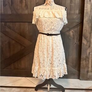 Speechless Sand off-shoulder belted thick lace midi dress size S.
